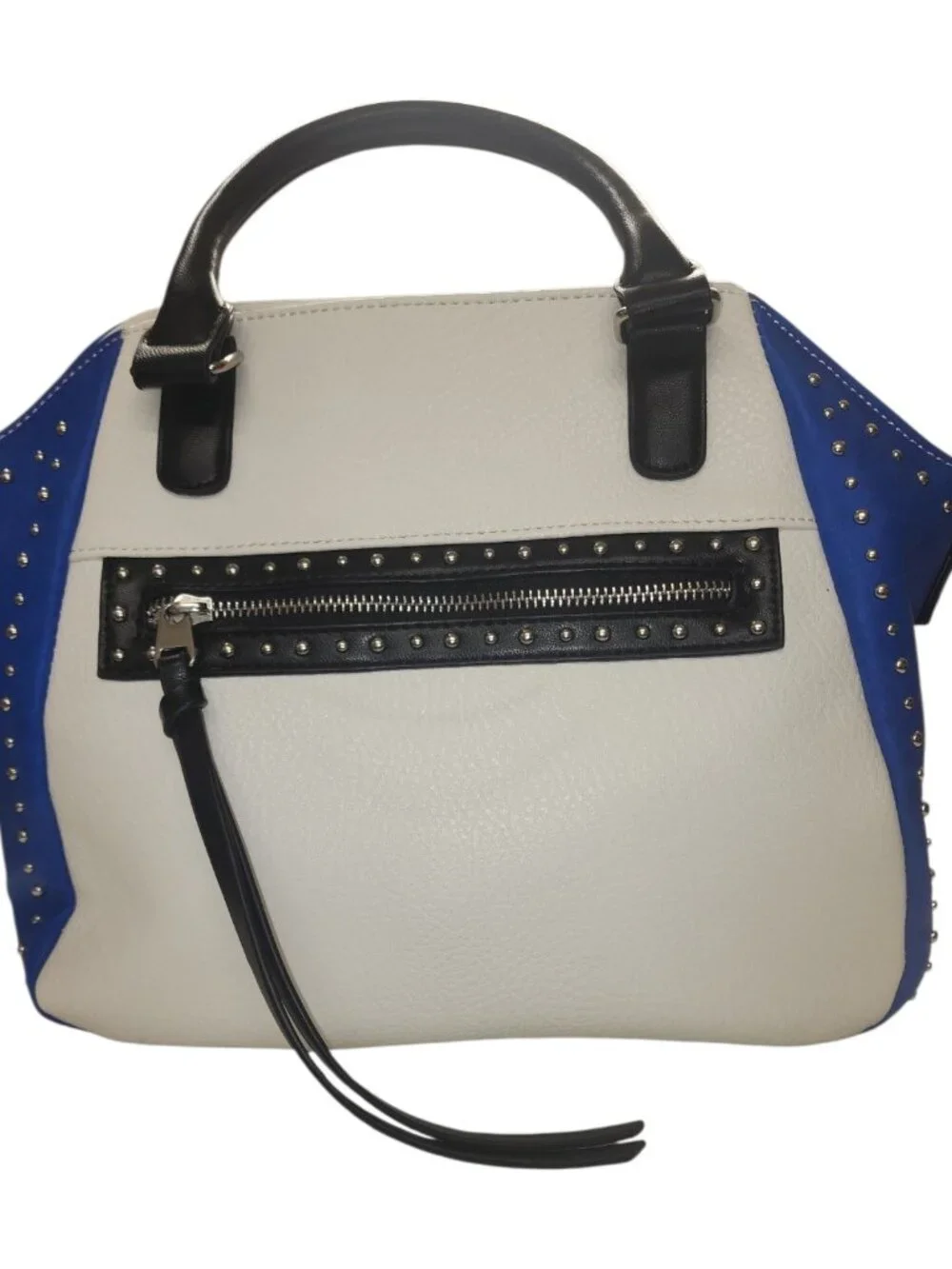 Studded Satchel Bag Color Block Cobalt Blue White Moto Rocker Chic Top Handle - Picture 2 of 16